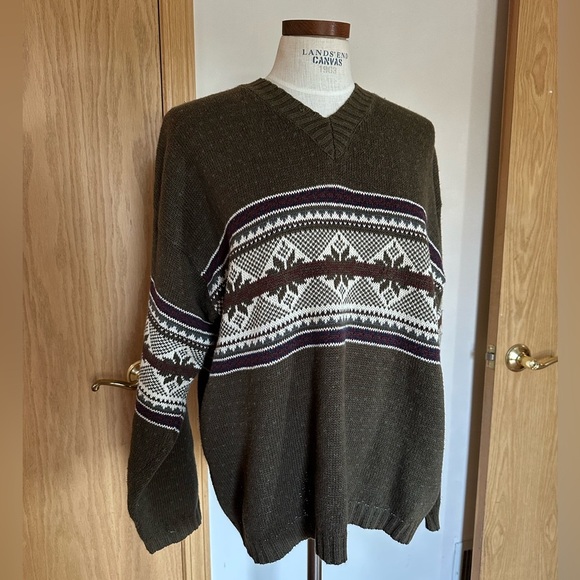 Country Seat Olive Green Fall Autumn Patterned V-Neck Cotton Blended Sweater A16 - Picture 8 of 9